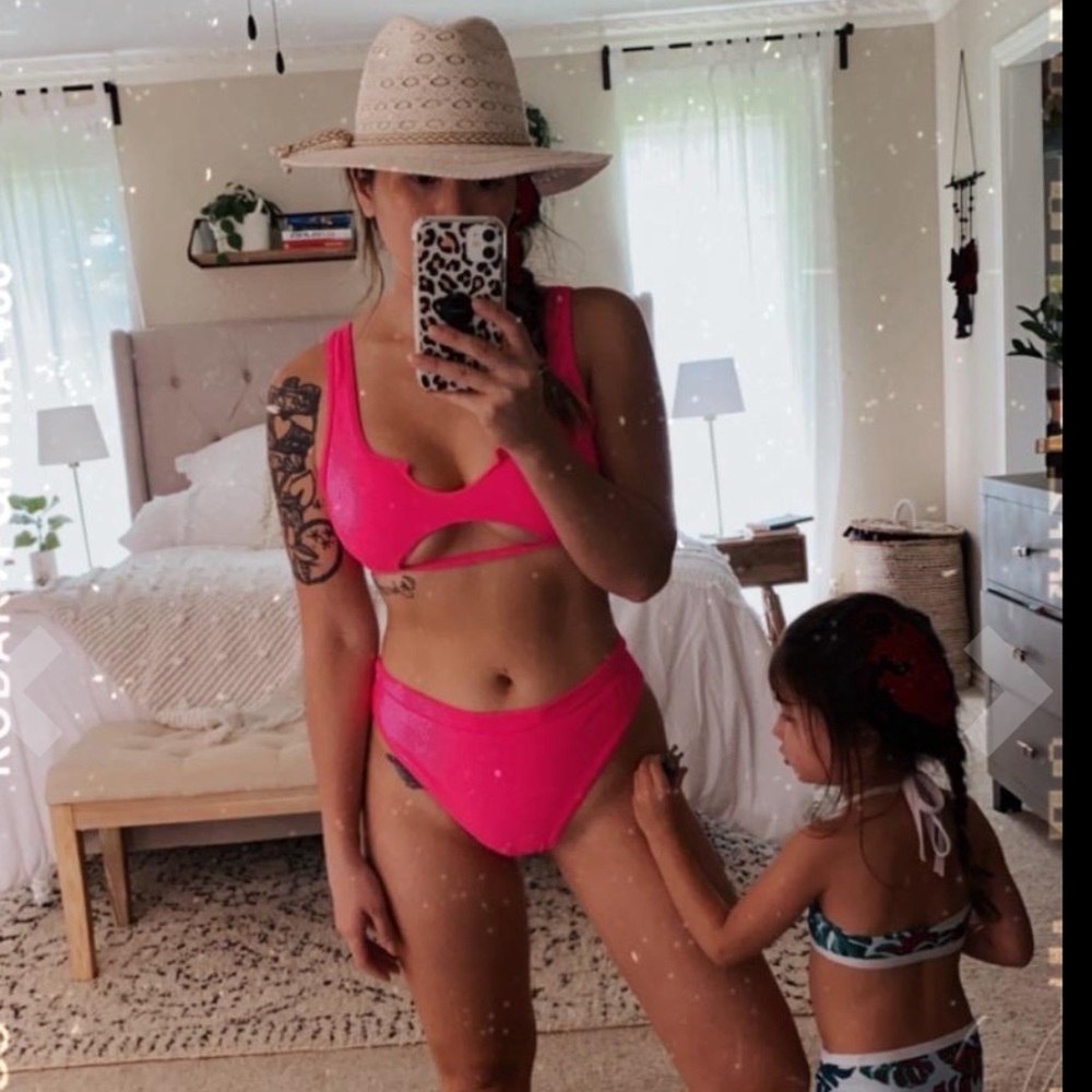 Cutout Cheeky High Waisted Bikini Black Neon Pink